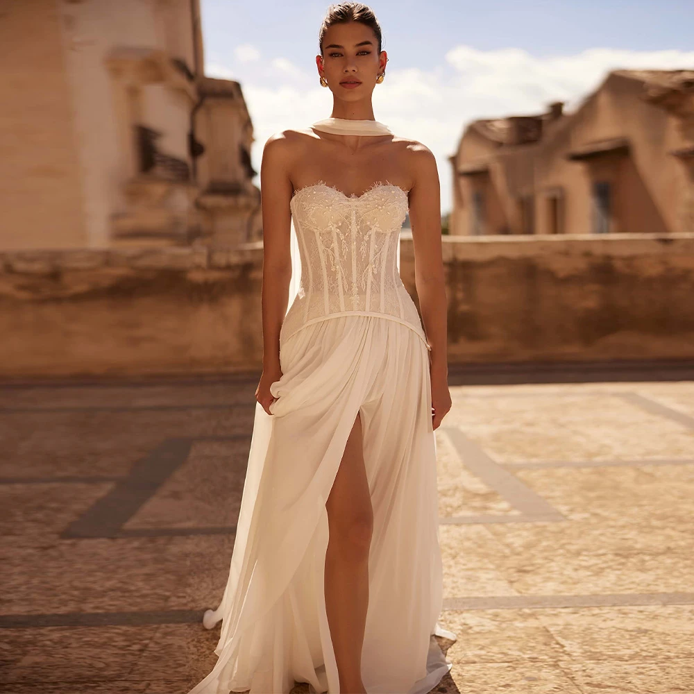 Customized Boho White Chiffon Wedding Dress Formal Sweetheart Sleeveless Bridal Gowns Boho Straight Court Train Vestido De Novia