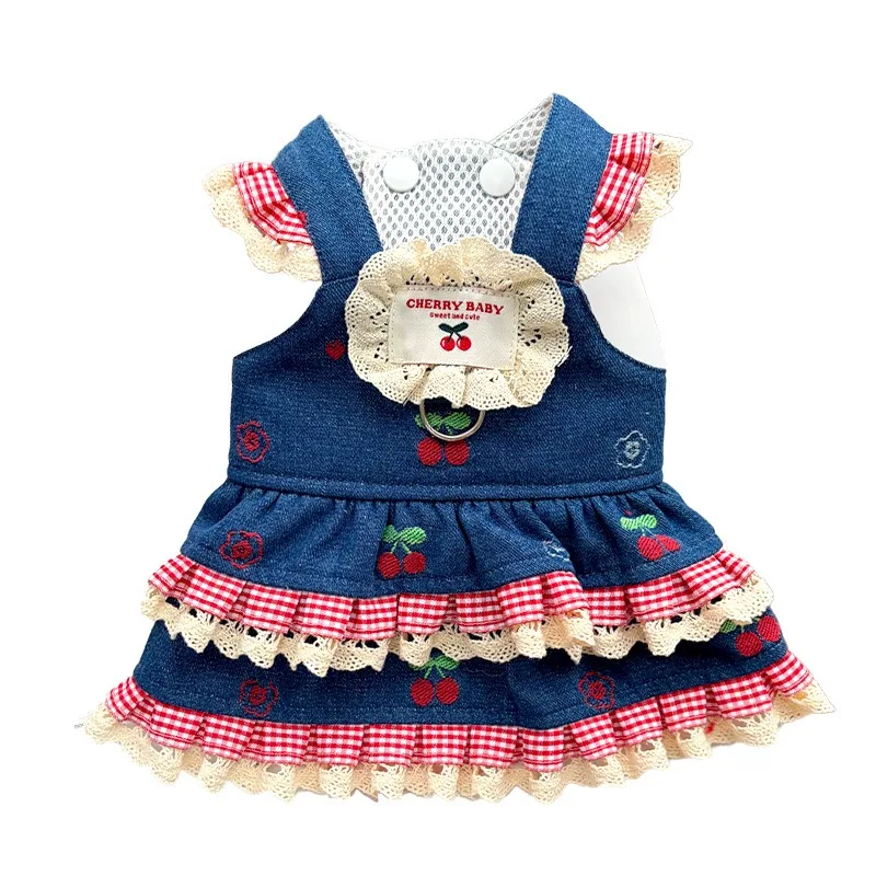 Spring Summer Denim Cherry Overall Dress Pet Clothes For Dogs Cats Teddy Bichon Pomeranian Outdoor Walking Apparel Supplies