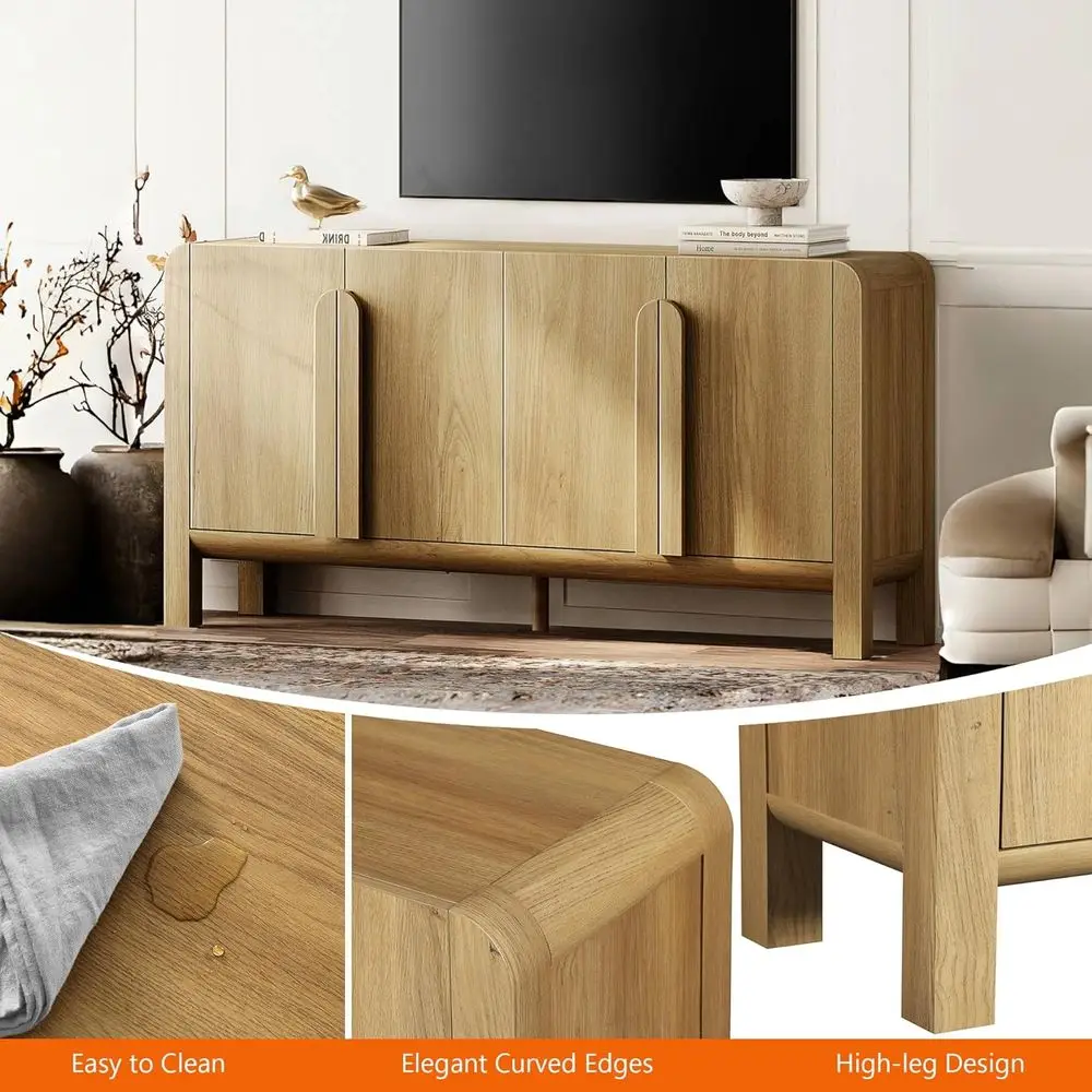 Large 63 Wide Walnut Curved Sideboard with Storage, Ideal for Dining & Living Rooms