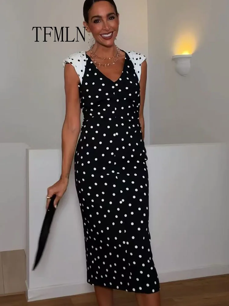Elegantes Damenkleid mit Polka-Dot-Patchwork 2026 Bürokleid für Damen mit V-Ausschnitt, ärmellos, schmal geschnitten, schickes, lässiges Partykleid für Frauen.