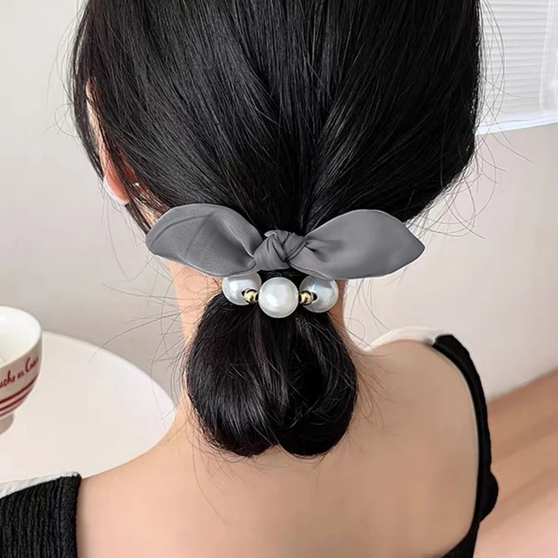 1pc new black bow pearl hair loop with high elasticity rubber band for women\'s hair tie headband