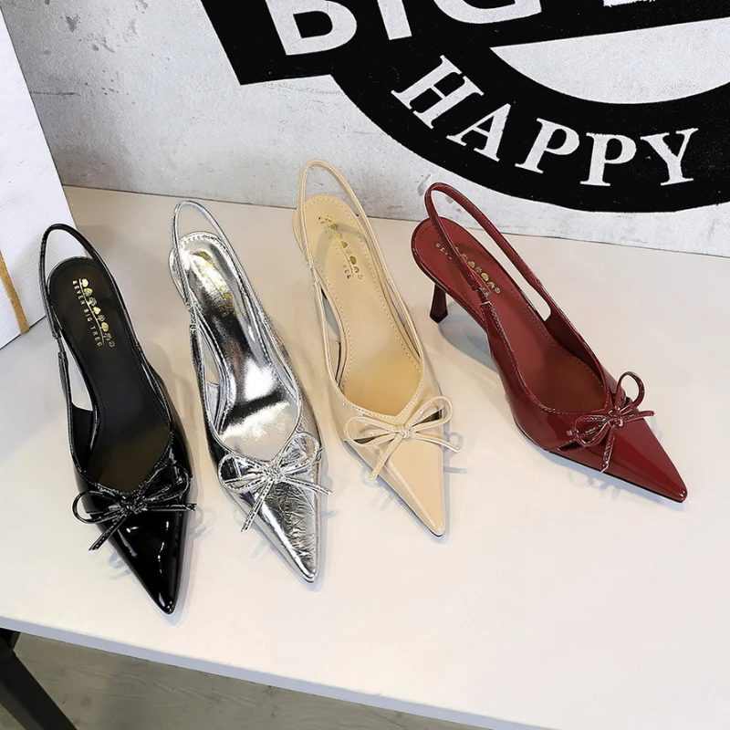 

European And American Hollow Bow Shoes Pointed Toe Shallow Mouth Patent Leather High Heels Thin Heels Empty Shoes After Banquet