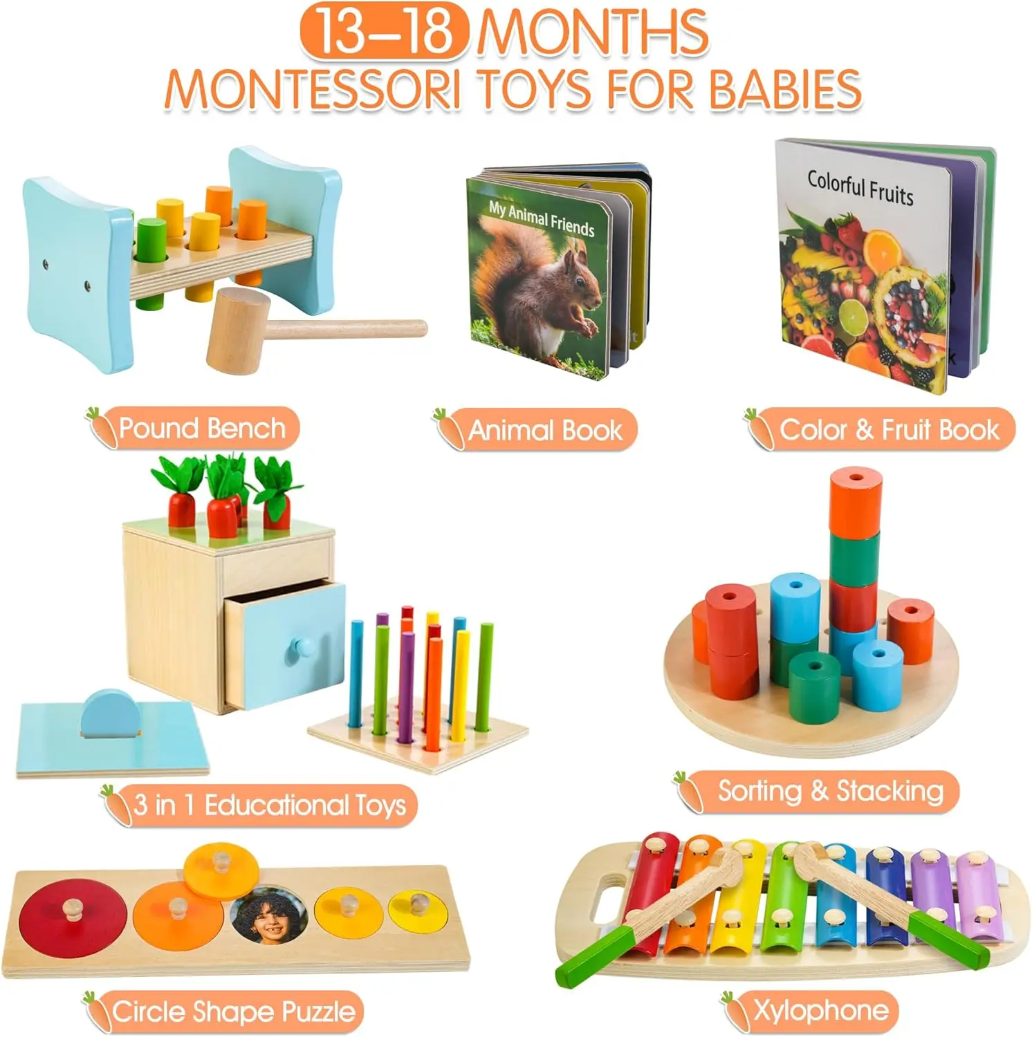 Montessori Toys for 1+ Year Old, 9 in 1 Learning Educational Toys for Toddler with Educational Box, Shape Puzzle and More