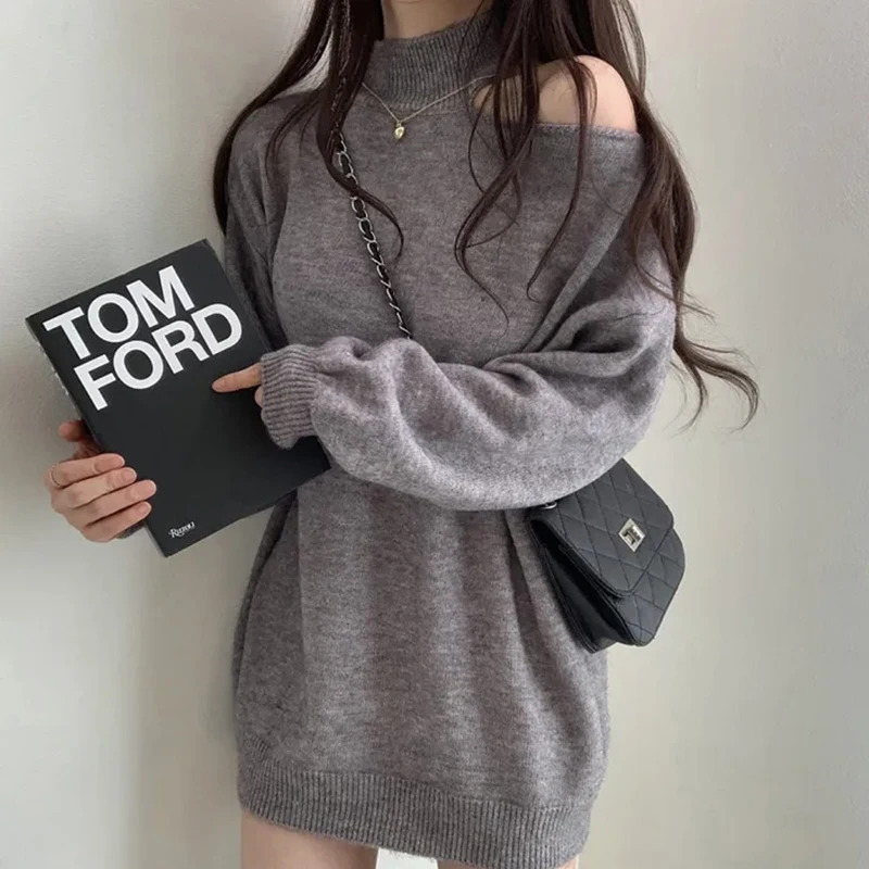 Temperament High Neck Hollow Out Off Shoulder Long Sleeve Top Sueters De Mujer Oversized Sweater Black Grey Knit Tops Thick