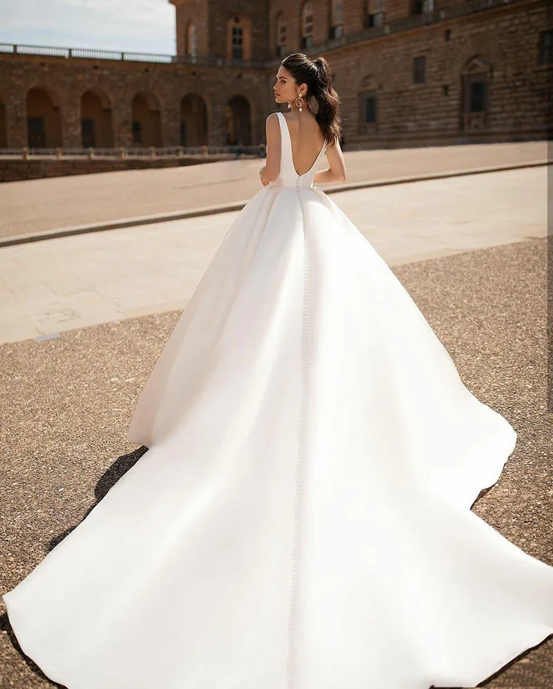 Customizable Boho Simple Sexy Deep V Neck Illusion Puff Sheer Sleeves Court Train Floor Length Bridal Wedding Dress