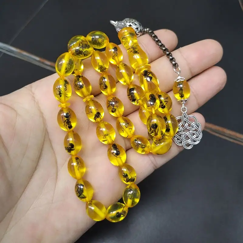 Tasbih men Yellow resin Real insect turkish misbaha Muslim Eid ADHA gift prayer beads bracelet arabic Fashion accessory on hand - 4