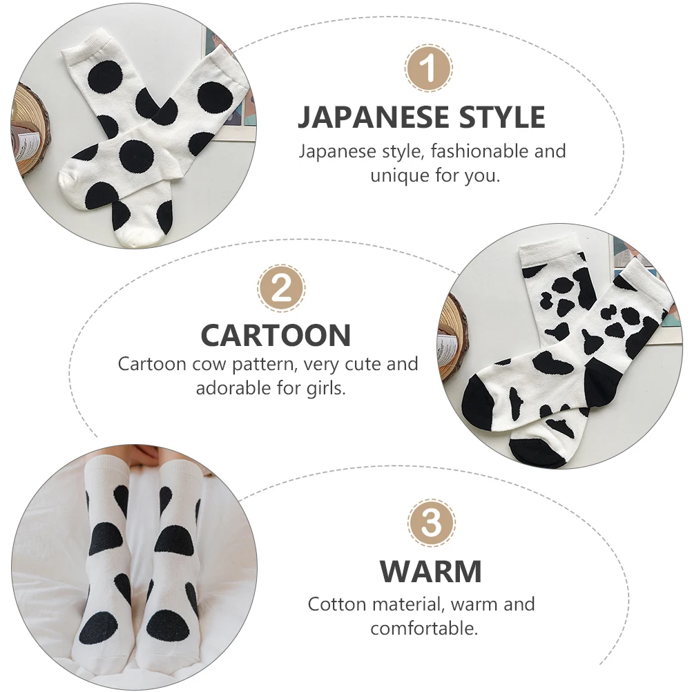

3 Pairs Length Piled Stockings Girls Mid-Calf Length Warm Cow Girl Socks Print Breathable Socks Japanese Style