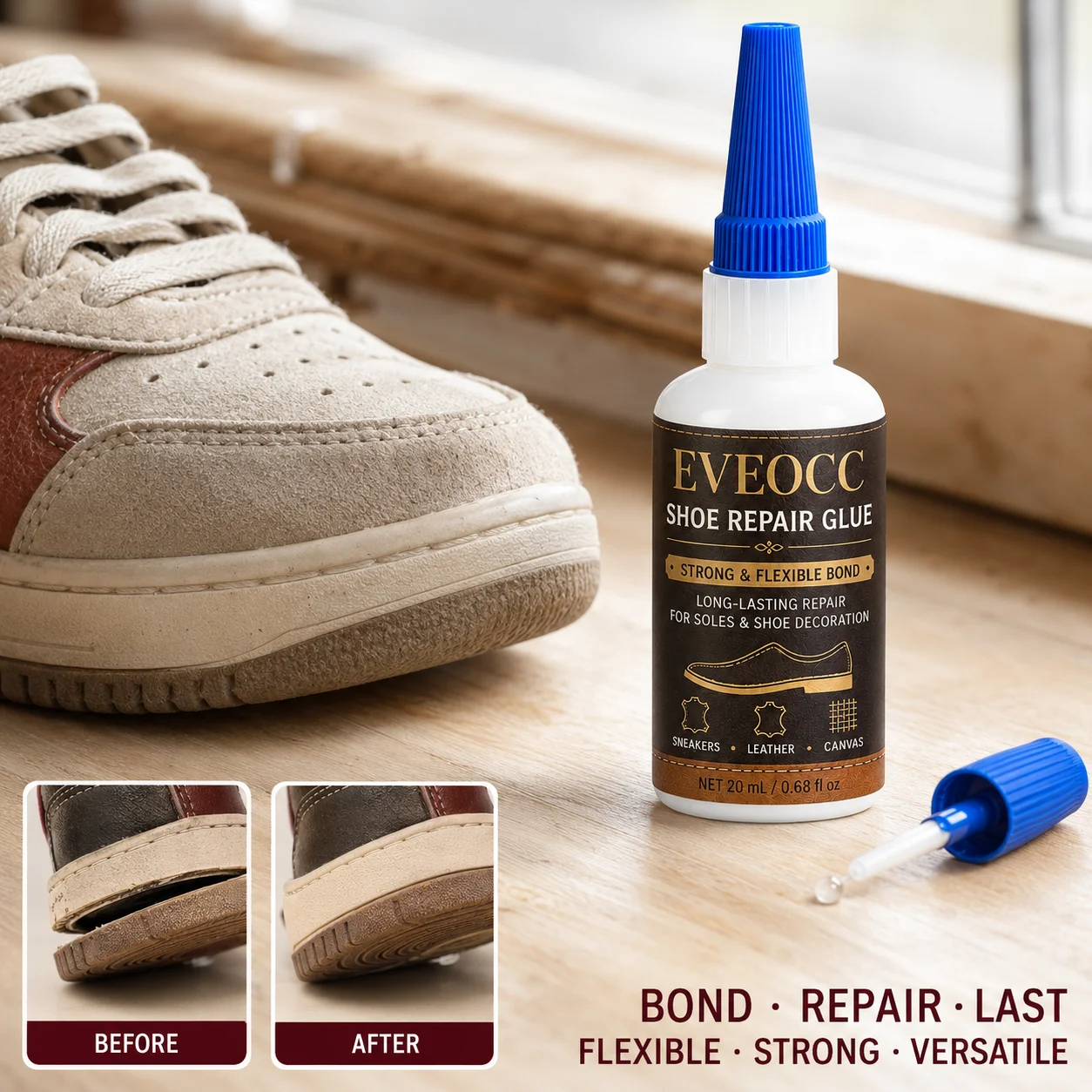 Shoe Sole Repair Glue, Long-Lasting Strong Adhesive, Flexible Waterproof Bond for Sneakers Leather Canvas Footwear