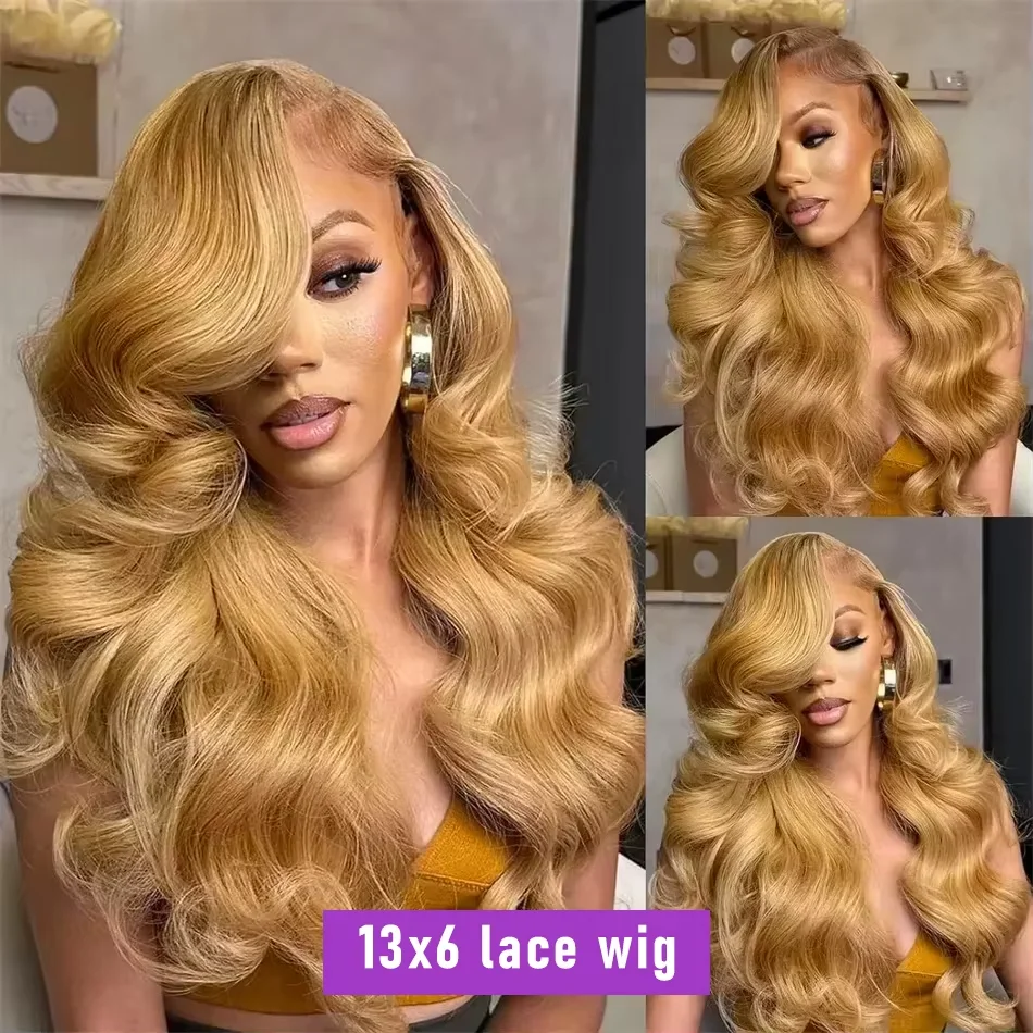 210 Dichtheid Body Wave Menselijk Haar Pruiken Honingblond 13x6 Hd Kant Frontale Pruik Braziliaans # 27-blonde kleur voor vrouwen, vooraf geplukt haar