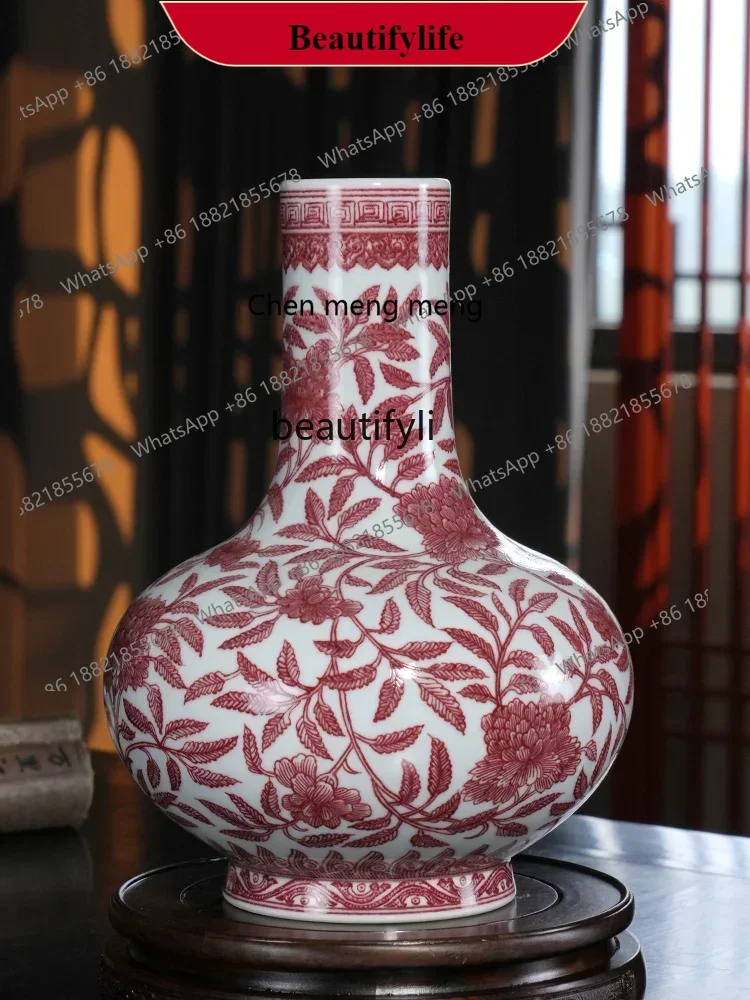 G153 Glazed Red Peony Flower Picture WideBelly Bottle Jingdezhen Ceramic Chinese Style Living Room Flower Arrangement Home Decor