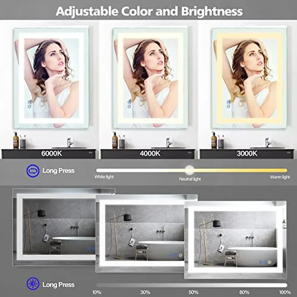 LED Bathroom Vanity Mirror Wall Mounted Anti-Fog Makeup Mirror Dimmable Touch 36x28 Inch