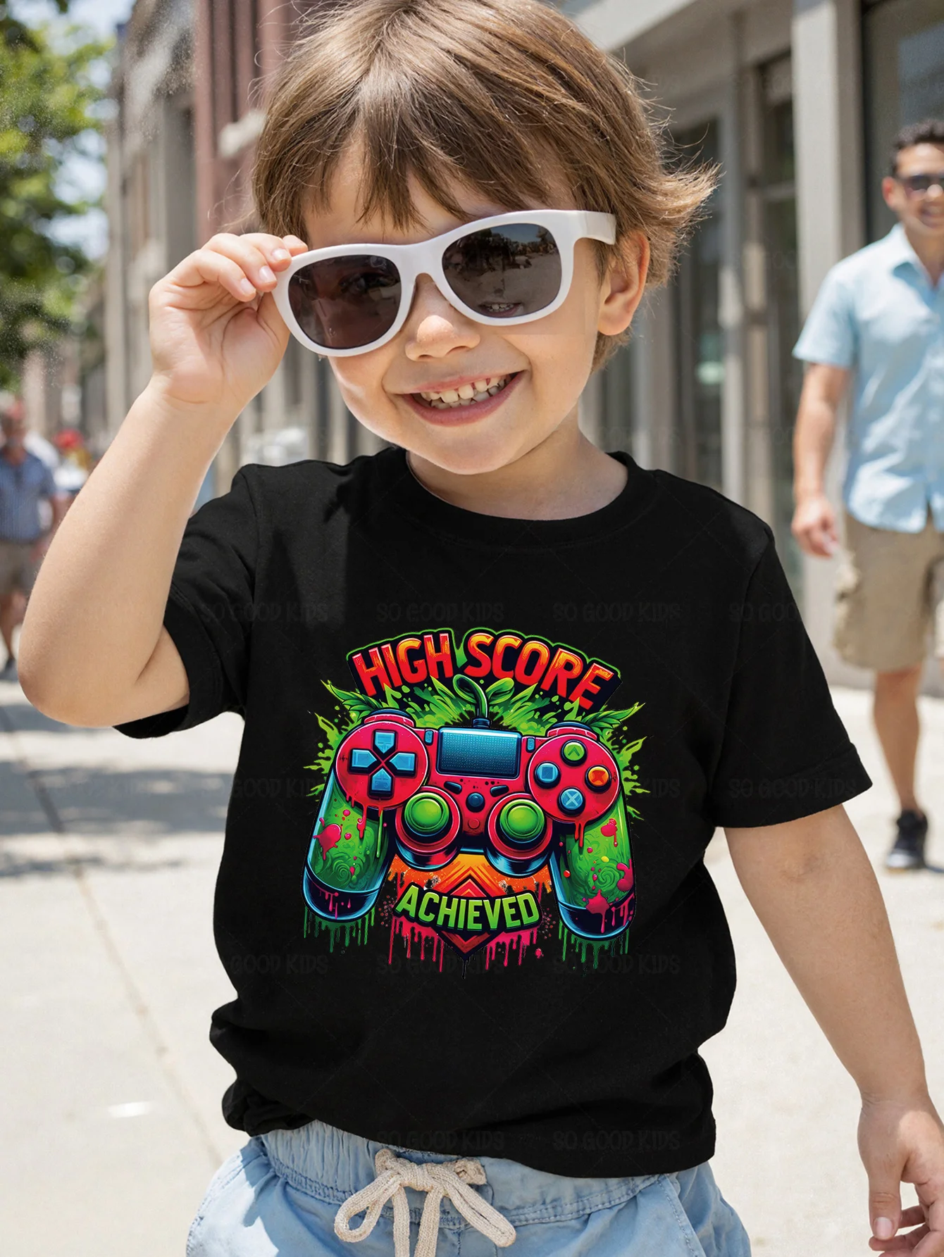Cool Graffiti Game Pad High Score Gaming Cartoon Print Kids T Shirt Boys Girls Family Matching Summer Crew Neck Casual Tee