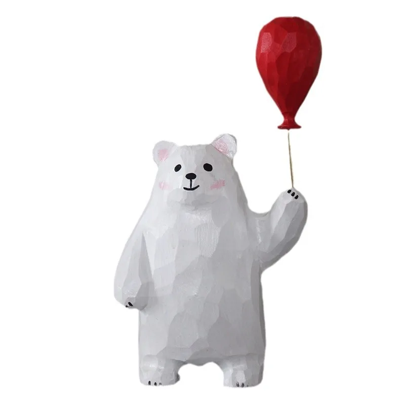 

Handcarved Wooden Cute Little Bear Balloon Statue Creative Fengshui Lucky Wealth Home Desks Decor Animal Birthday Festival Gift