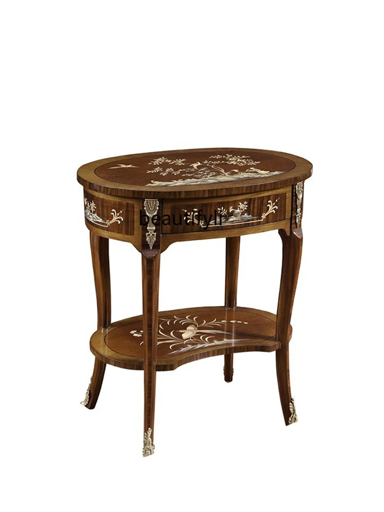 

French Luxury Oval One Bucket Double Layer Hand Drawn Flowers and Birds Wood Color Painted Mini Corner Table