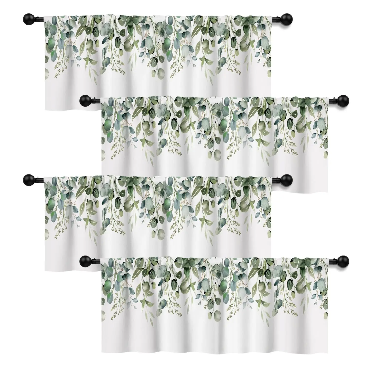 4 Panels Valances Curtain Floral Kitchen Rod Pocket Watercolor Eucalyptus Leaves Window Curtains for Living Bedroom Farmhouse