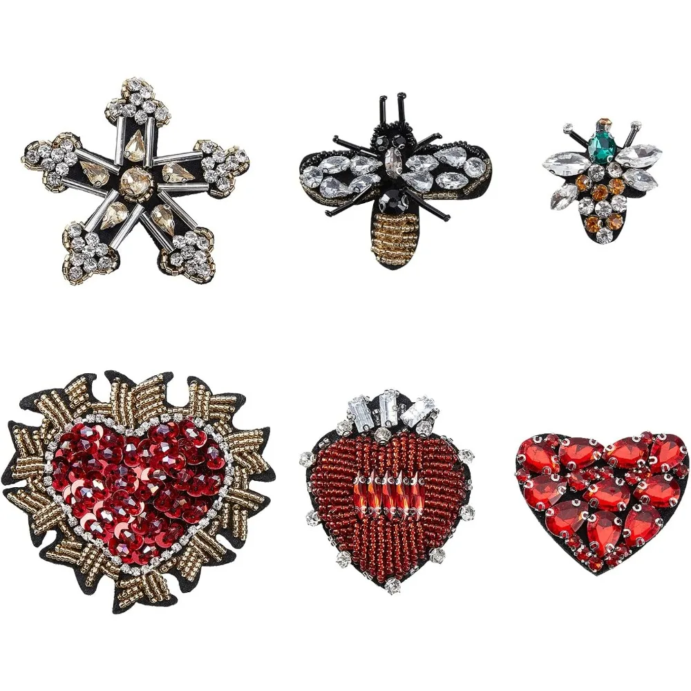 6 Styles Handmade Rhinestone Beaded Patches Heart Star Rhinestone Applique Vintage Bee Patches Crystal Applique Sew On Beaded