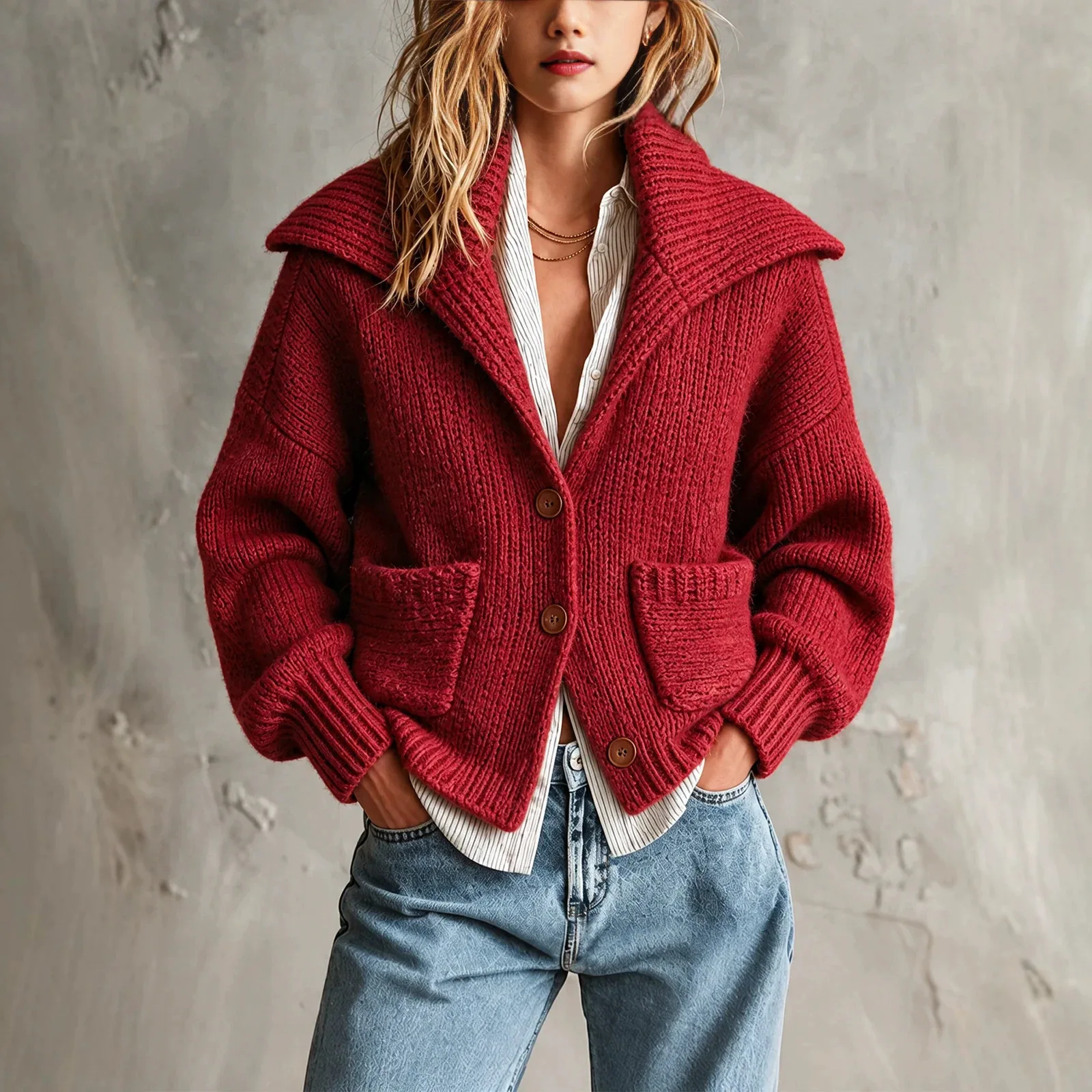 Women's Wide Lapel Thick Knitted Cardigan Button Front Patch Pocket Loose Long Sleeved Cut Sportswear Autumn Casual Warm Jacket