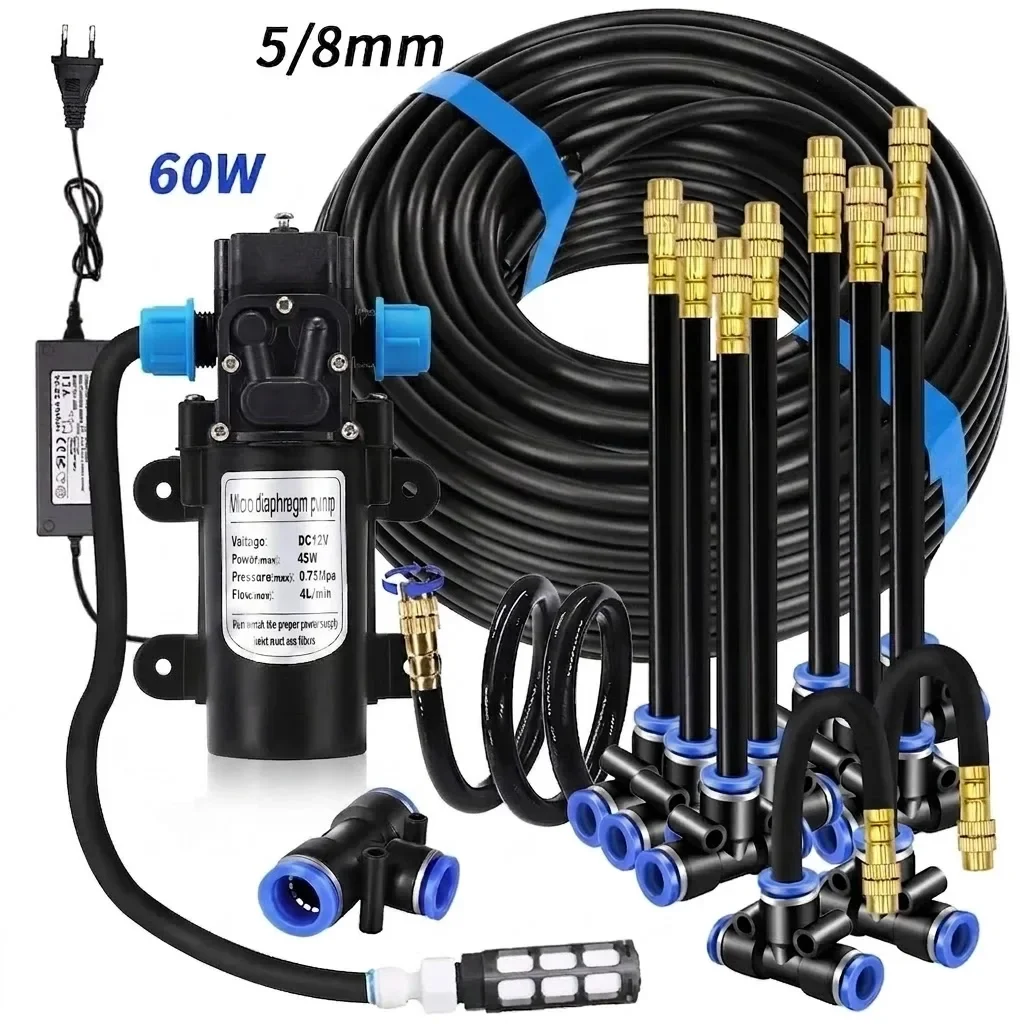 Versatile Garden 5/8mm PE Hose Sprayer Kit Includes 60W Self-priming Pump 20cm Universal Brass Nozzle Misting Watering System