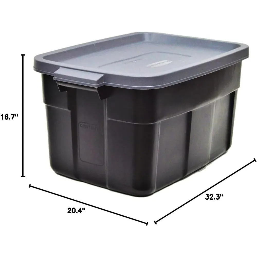 Rubbermaid Roughneck Pojemniki do przechowywania o pojemności 31 galonów, zestaw 3 sztuk, wyprodukowane w USA, czarno-szare, wytrzymałe, plastikowe pojemniki z pokrywkami, które można układać w stosy.