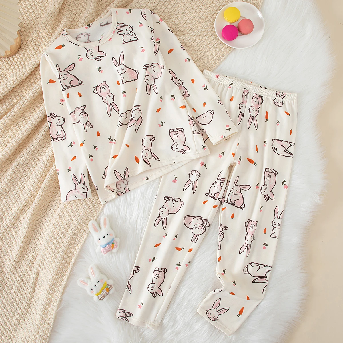 2-teiliges Set aus süßer und niedlicher bedruckter, warmer und dicker Unterwäsche für Mädchen im Herbst und Winter, bequemes langärmeliges Hausset – Detail 8