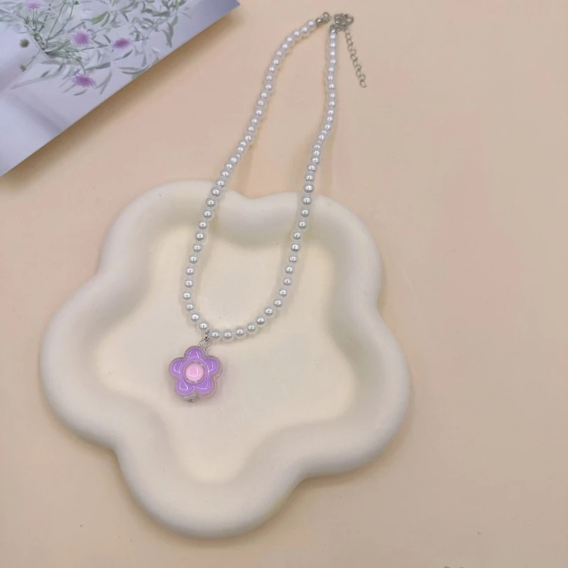 Colar com pingente flor com pérolas imitação doce coreana para mulheres meninas