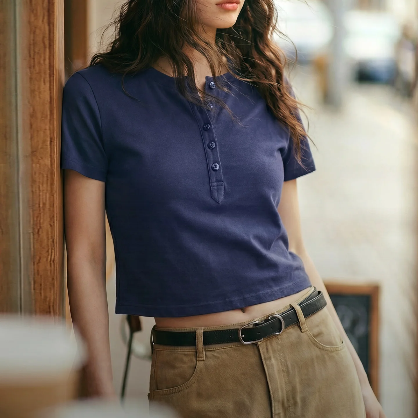 Maden Women's Cropped Henley T-Shirt Slim Fit Button Front Cotton Short Sleeve Casual Summer Fitted Dark Blue Top