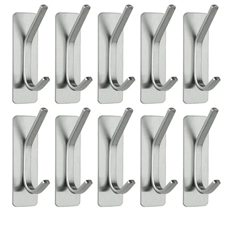 

AB46-Self Adhesive Bathroom Towel Hooks 10Pcs Stainless Steel Wall Mount Bathrobe Hangers Room Storage Hooks Strong