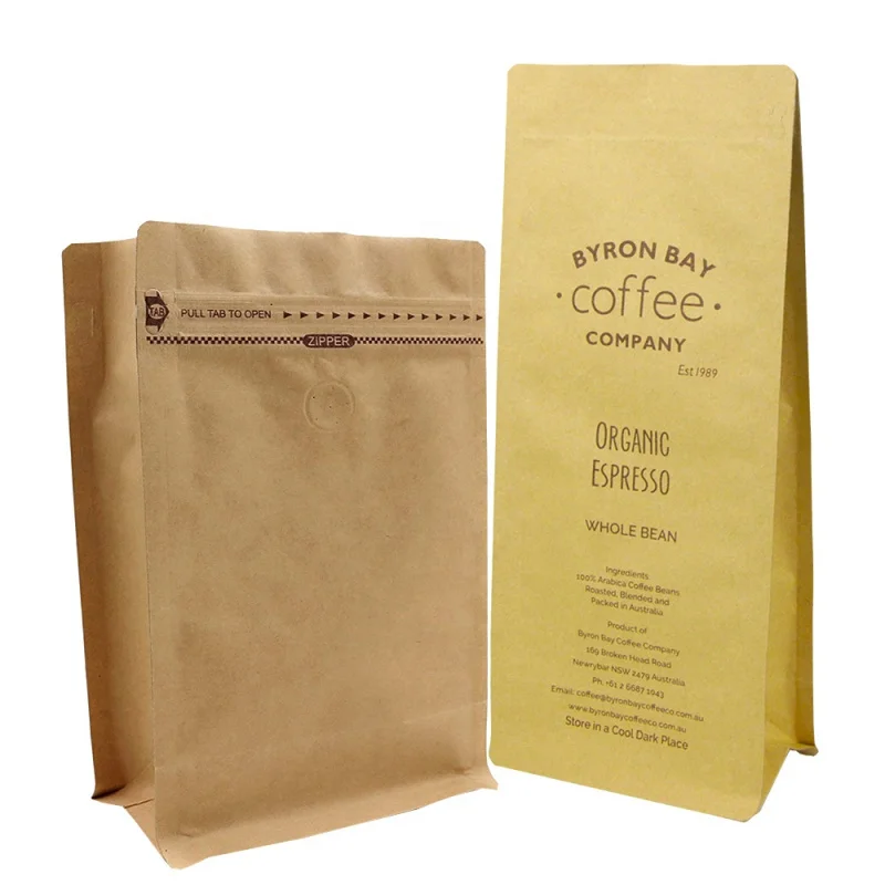 2025customized.Compostable NK PBS PLA Kraft Paper Stand Up Coffee Bags 12 oz Biodegradable Kraft Side Gusset Bag With
