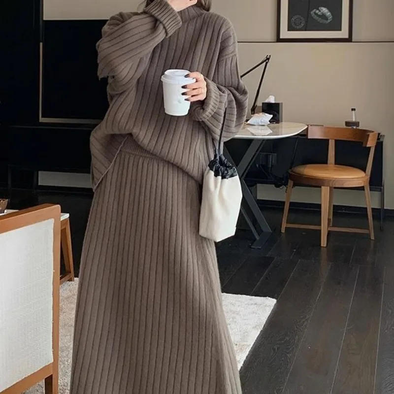 Autumn and Winter Women\'s Warm Knit Suit Fashion Commuter High Quality Loose Mock Neck Pullover Sweater Skirt 2pcs Matching Set