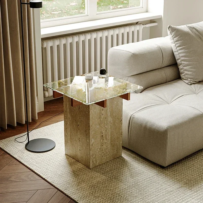 

Natural Cave Stone Corner Table Sofa Side Table Glass Mini Small Coffee Table Red Oak