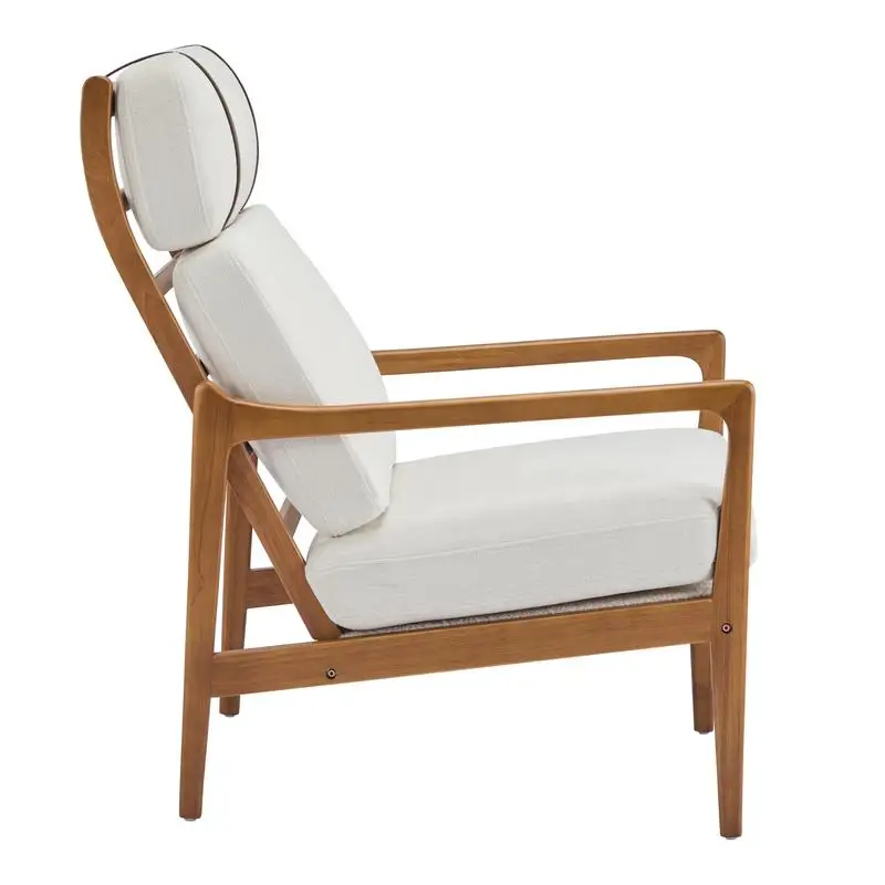 كرسي بذراعين حديث من منتصف القرن، إطار من الخشب الصلب، ظهر مرتفع، وسائد منجدة باللون البيج، كرسي صالة مريح للمعيشة