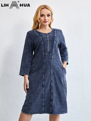 LIH HUA Women's Plus Size Denim Dress Autumn Chic Elegant Dresses For Chubby Women Cotton Knitted Dress