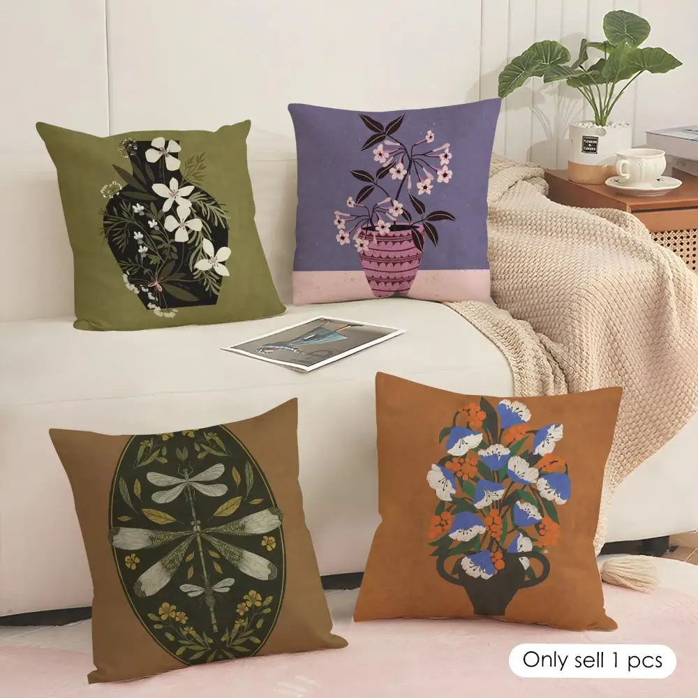 Classic Vintage Vase Cushion Cover Silky Short Plush Sofa Pillow Cover Hidden Zipper Soft Dustproof Case for Home Decor