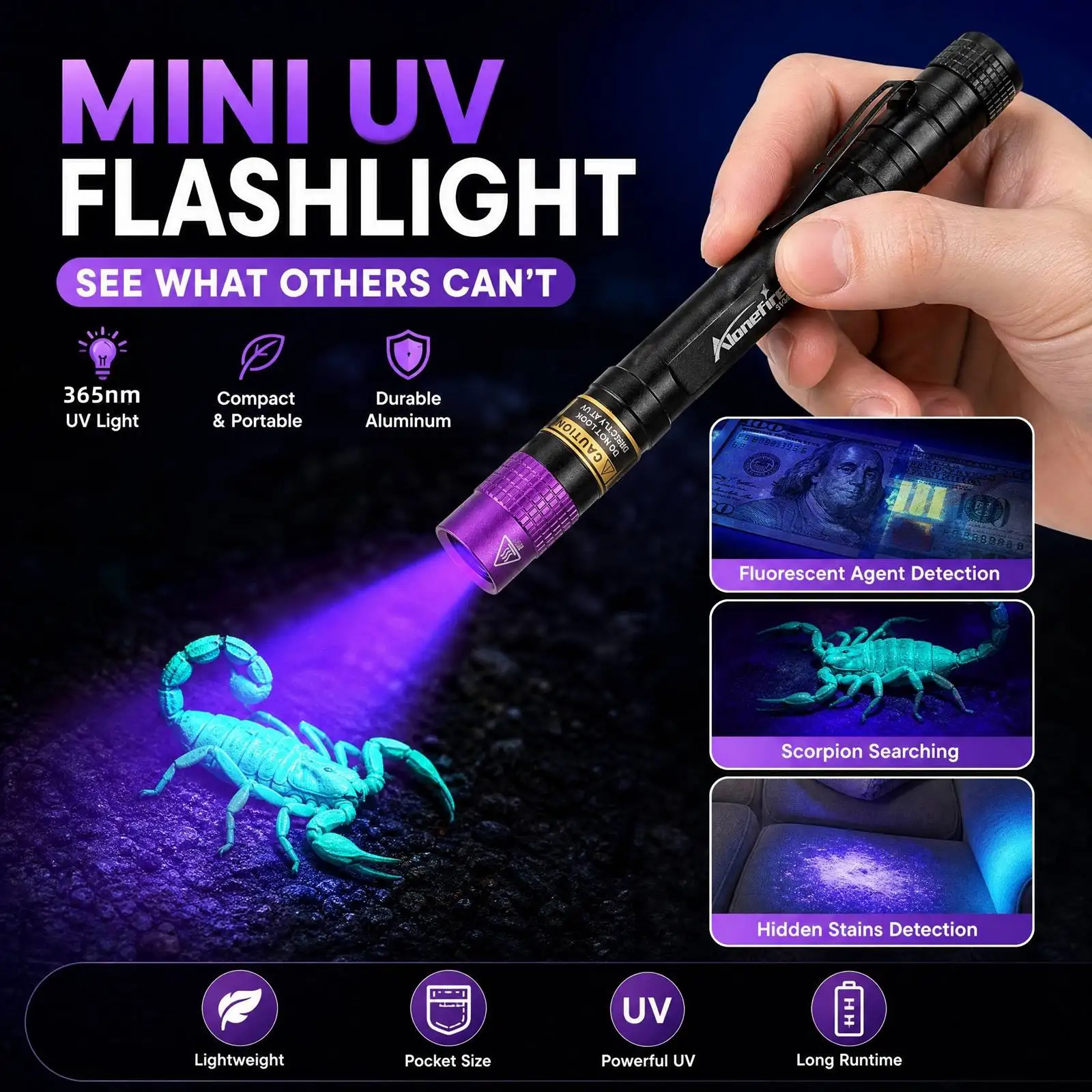365nm/395nm Mini UV-Stiftlampe LED-Taschenlampe Schwarzlicht-Fackel zur Erkennung von Katzen- und Hundehaaren, Tinea, Tinte, Geld, Erz, Jade, Skorpionen