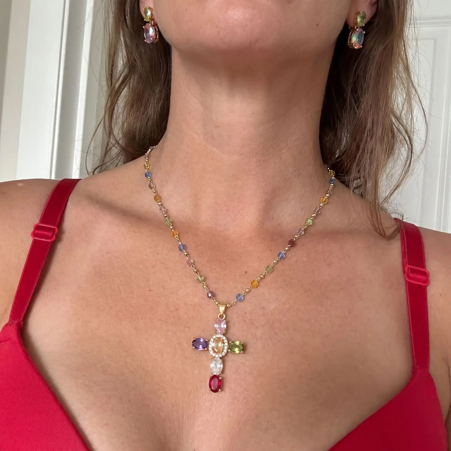 Gold Plated Colorful Oval Zircon Cross Necklace Multigem Crystal Pendant Neck Chain Women Vintage Party Statement Jewelry