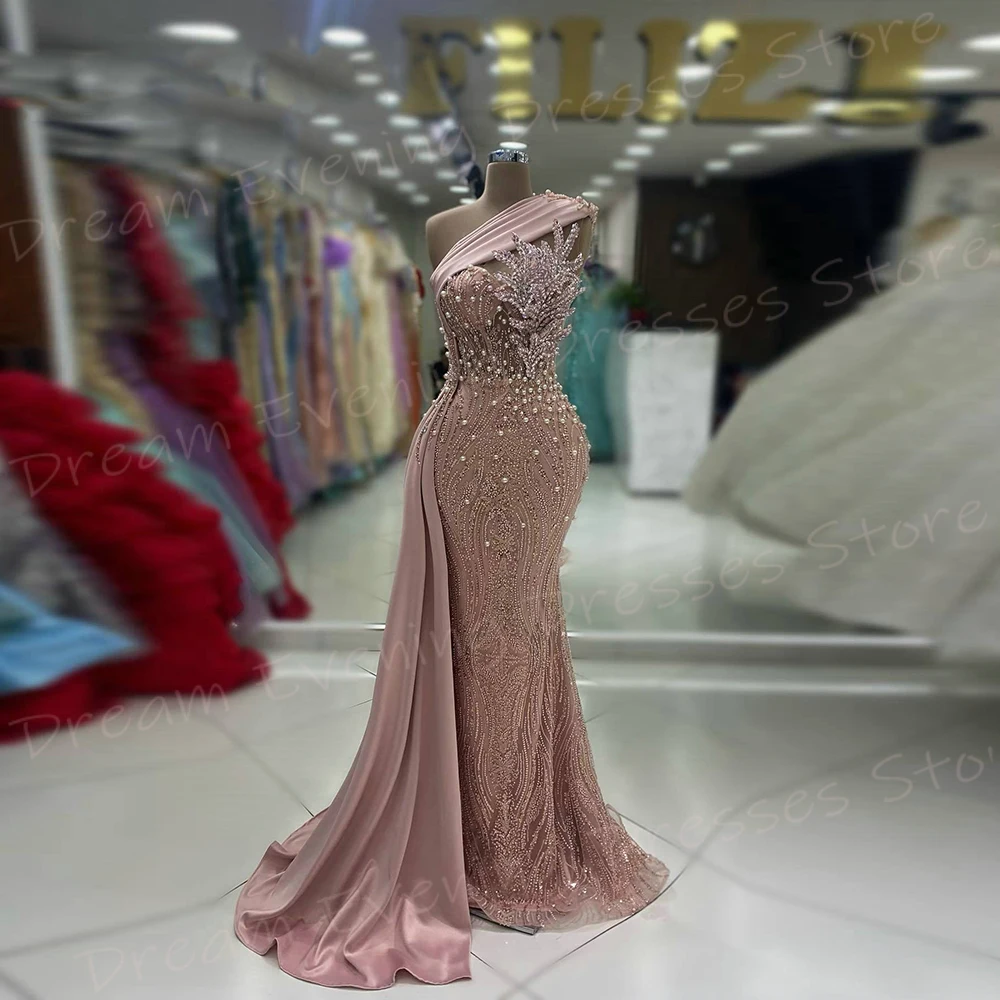 Vestidos De Noche elegantes De sirena Rosa fascinante para mujer, un hombro sin mangas, vestidos De graduación, exquisitos vestidos De Noche con cuentas