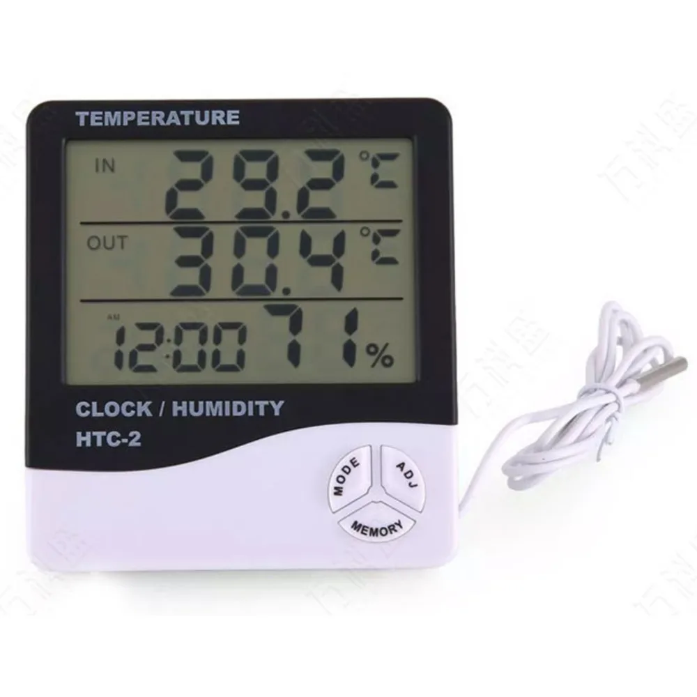 50pcs Htc-2 Large Screen Hygrometer Household Indoor and Outdoor Alarm Clock Thermometer Digital Display Electronic Band Probe