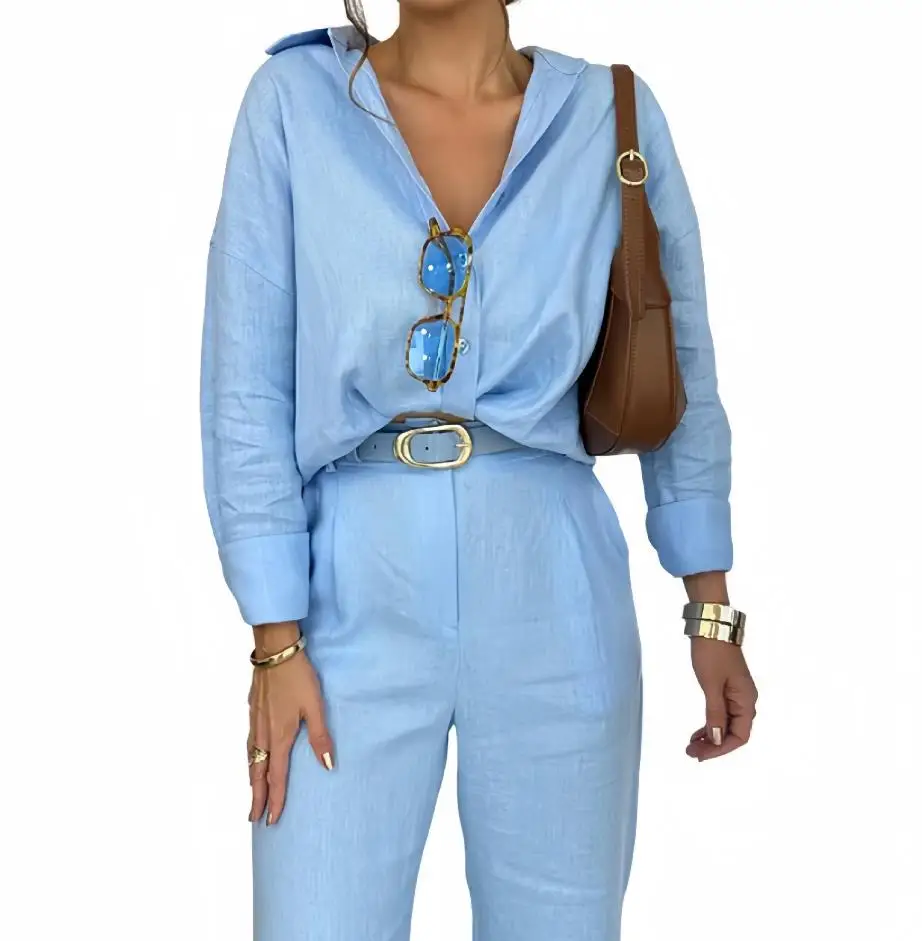 Women's Sports Style Suits 2025 Autumn Winter Latest Fashion Cotton Linen Solid Loose Long Sleeve Shirt Suit Pants Two-Piece Set