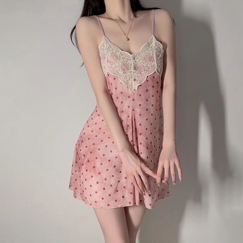

Translucent Mesh Pink Polka Dot Sweet Hot Lingerie Sexy Women Night Dress Woman Sleepwear Women's Nightgown Lace Babydoll couple