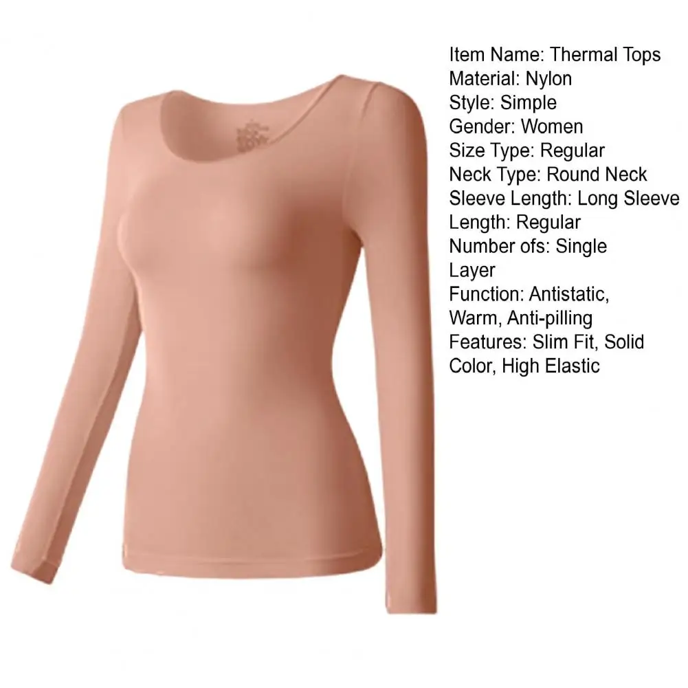 Women Thermal Tops Round Neck Long Sleeve Slim Fit Bottoming Tops Solid Color High Elastic Thermal Underwear Thermal Female Wear