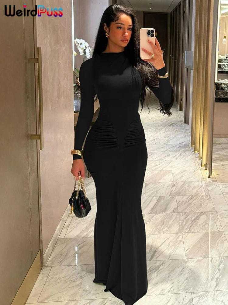 Weird Puss Ruched Casual Women Dress 2024 Autumn Fashion Stretch Solid Skinny Long Sleeve O-Neck Bodycon Streetwear Vestidos