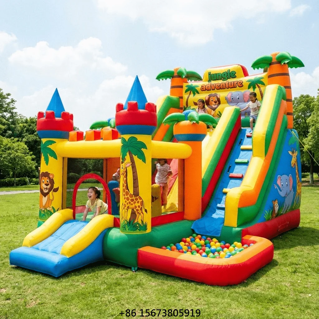 Outdoor PVC Bounce House Inflatable Castle Slide Bouncer Combo Safe Fun City Jumping Bouncy Castle Moonwalk Playground