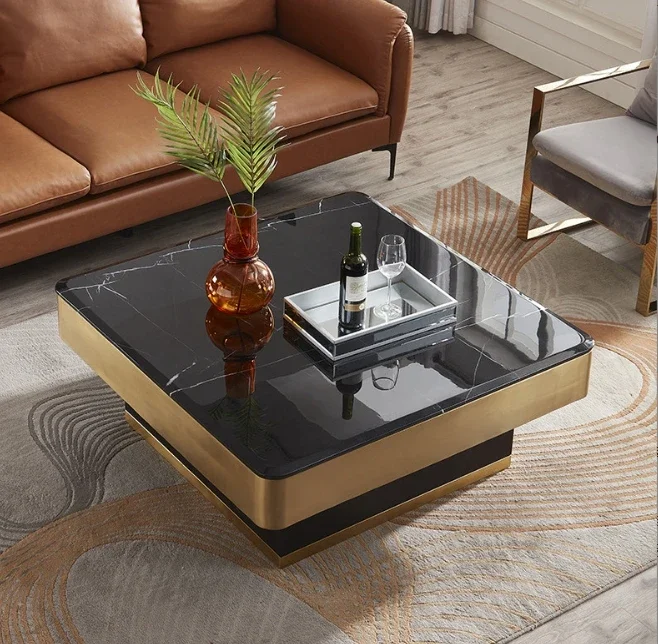 New Modern Luxury Design Brushed Stainless Steel Coffee Table with Black Marble Top for Home Hotel or Villa