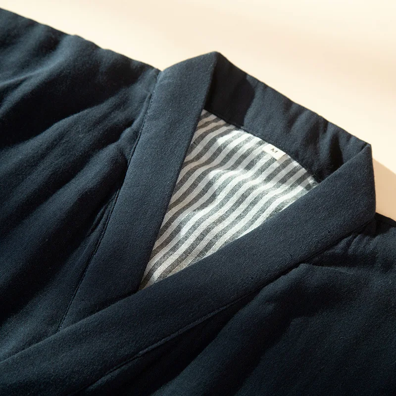 Navy Blue Men's Cotton Cloth Pajamas Robe Japanese Kimono Cardigan Sleepwear Homewear Gauze Comfort Bathrobe for Men