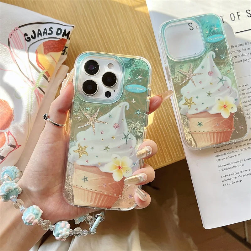 

Fashion Glitter Star Ice cream Phone Case For iPhone 16 Pro 15 13 14 Pro Max Back Cover with Hand Chain Shockproof Cute Cases