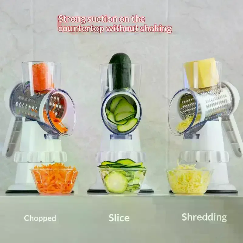 Rotary Cheese Grater 3 Interchangeable Stainless Steel Blades Strong Suction Base Kitchen Prep Manual