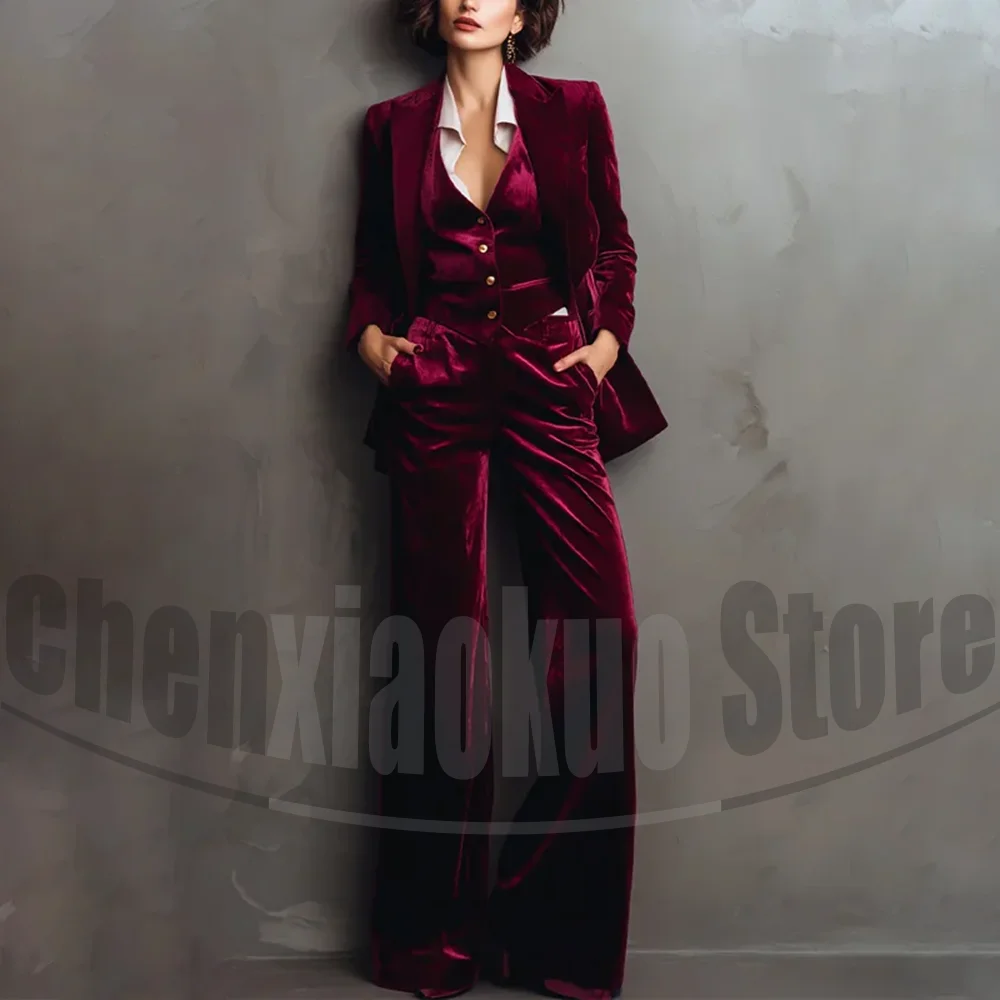 Women's Burgundy Velvet Suit Set Elegant Peak Lapel Single Breasted Wear for Evening Party Prom Business Casual Three Piece