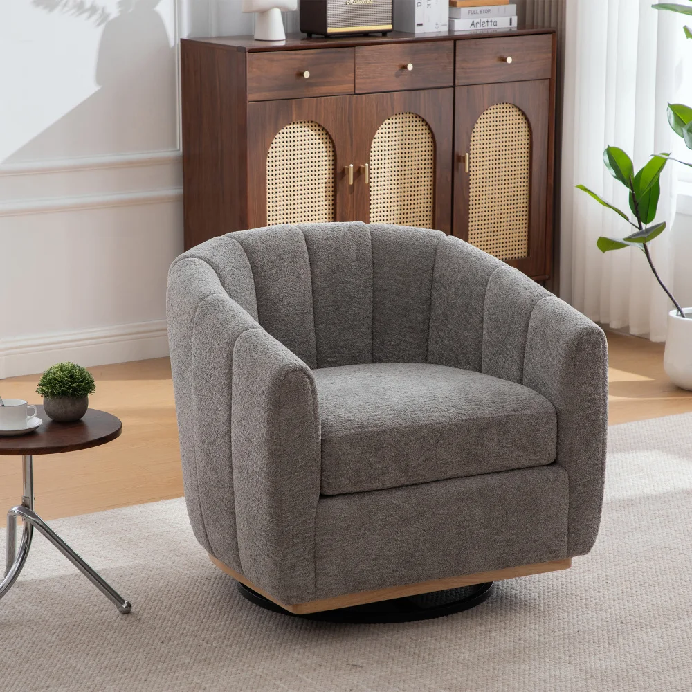 Chenille gestoffeerde fauteuil met metalen voet, 360 °   Rotatiefunctie, gestoffeerde tonvormige fauteuil, pompoenvormige Sigle-bank