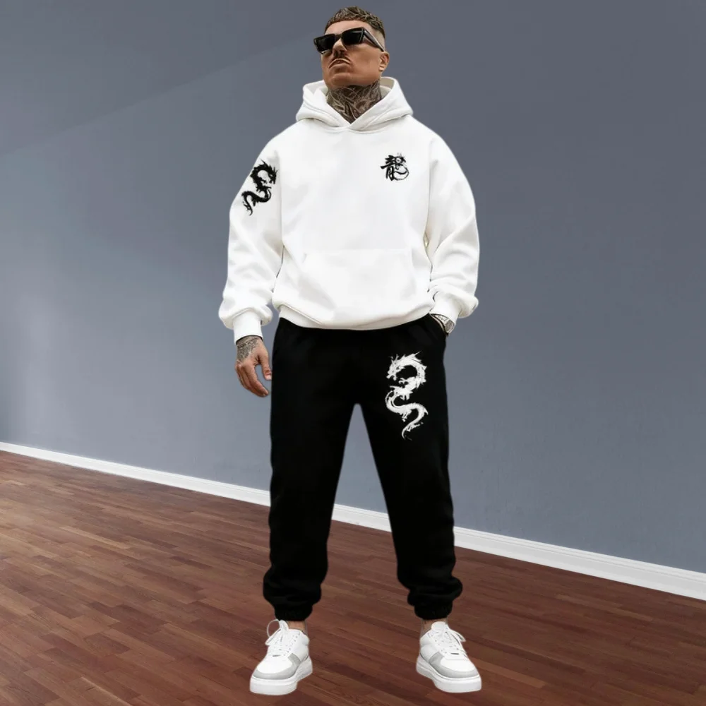 

New autumn and winter men's fashion set, hooded sportswear+dragon patterned pants, fashionable casual sportswear set