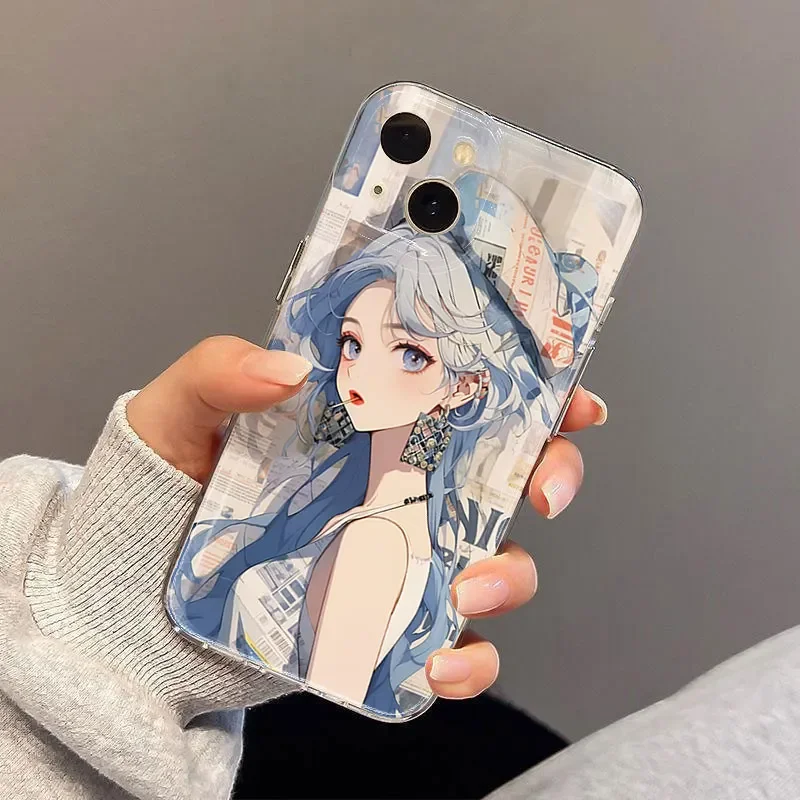 Blue haired girl Silicone phone case For iPhone 16PRO 15 14 13 12 11ProXRXS Max78 PlusY2K creativity Anti fall Case back Cover